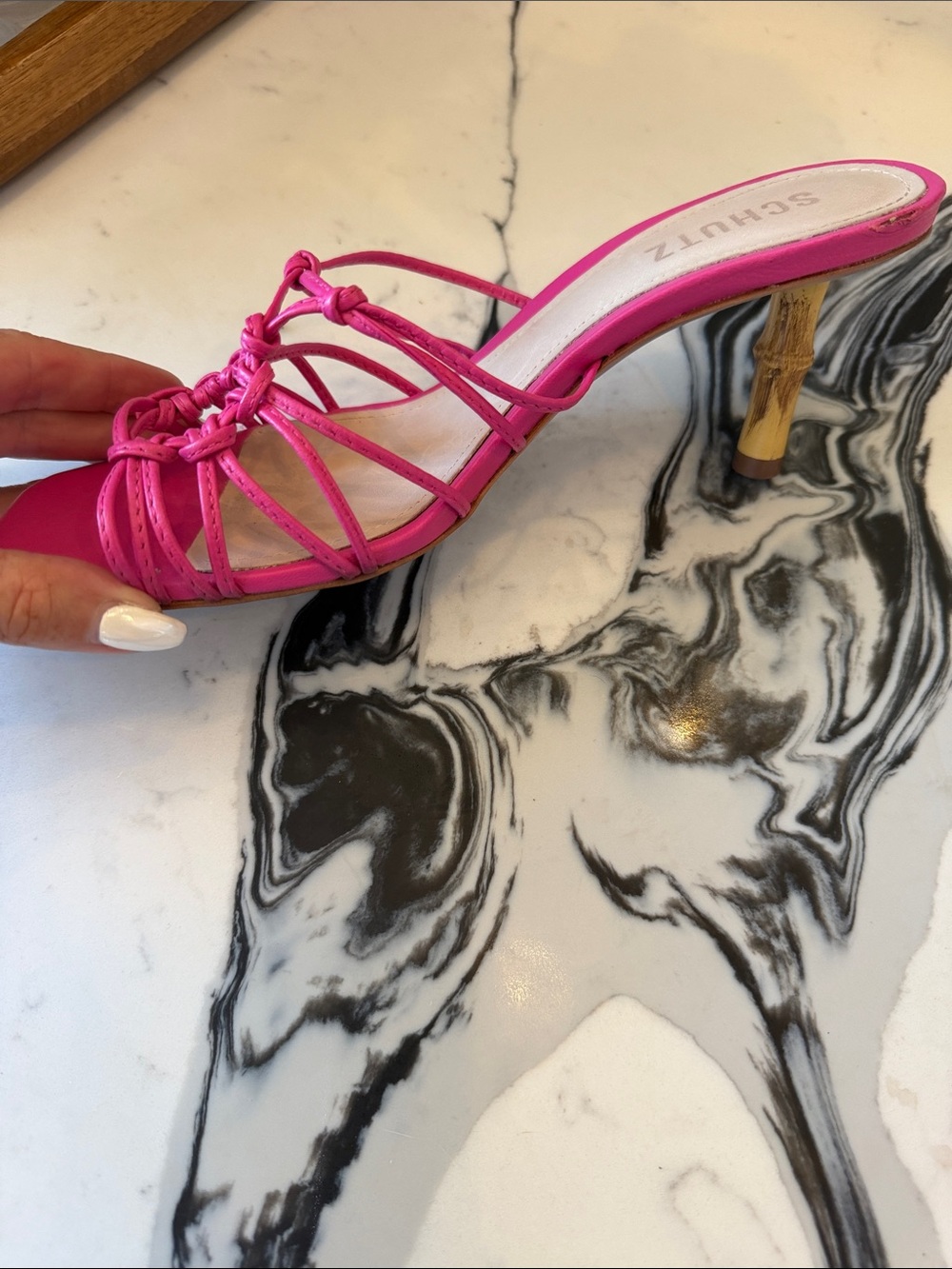 SCHUTZ Hot Pink Leather Knotted Strappy Heeled Sandals - Picture 2 of 4